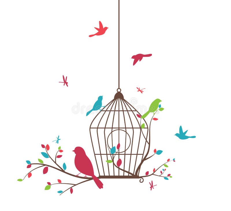 Colorful tree with birds and birdcages