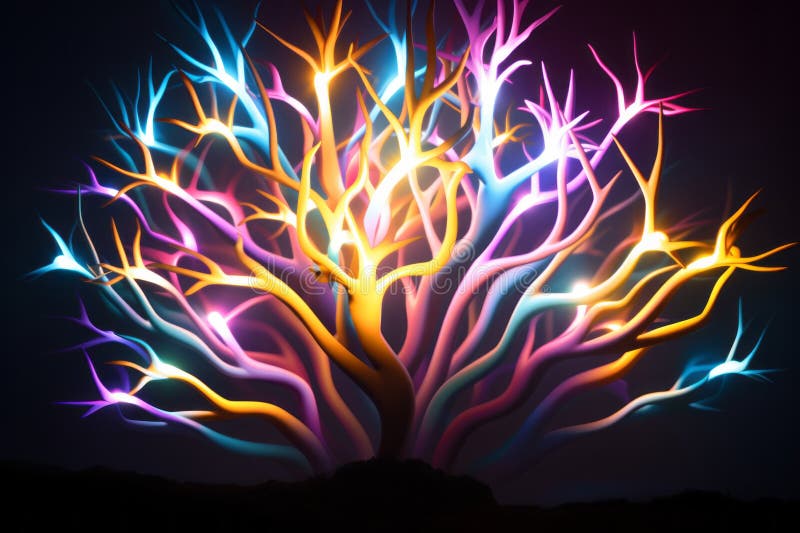 Un arbore colorat cu ramuri strălucitoare pe fond întunecat vector illustration