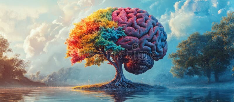 COLORFUL TREE SHAPED LIKE A BRAIN STANDING IN LAKE WITH BLUE SKY AND CLOUDS royalty free illustration