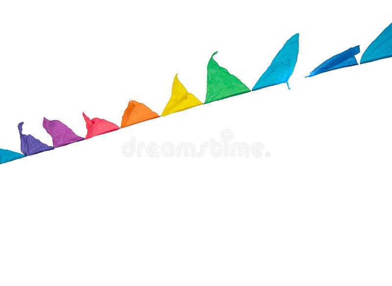 Colorful triangles flags ornament for carnival and holiday hanging on a rope and fluttering in the wind outdoors isolated on white