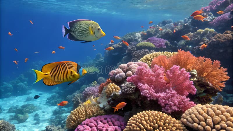 Colorful tropical fish exploring vibrant coral reefs during an underwater adventure stock illustration