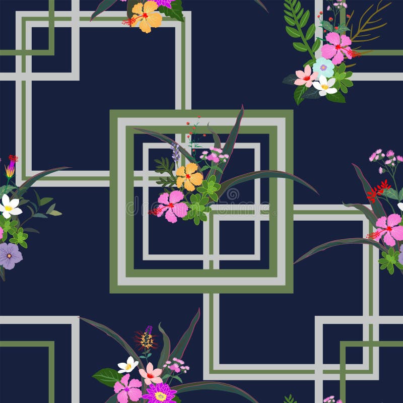 Colorful tropical flowers and leaves seamless pattern on geometric background,for decorative,fashion,fabric,textile,print royalty free illustration Colorful tropical flowers and leaves seamless pattern on geometric background,for decorative,fashion,fabric,textile,print royalty free illustration
