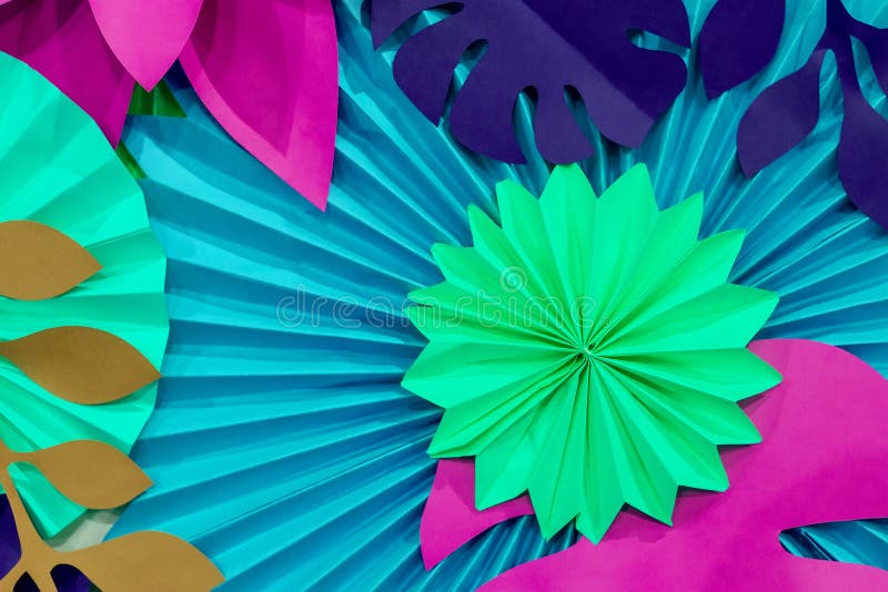 Colorful tropical paper flower background. multicolored Flowers and leaves made of paper royalty free stock photos Colorful tropical paper flower background. multicolored Flowers and leaves made of paper royalty free stock photos