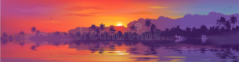 Colorful tropical sunset in palm trees forest and calm water reflection. Vector ocean beach landscape illustration for