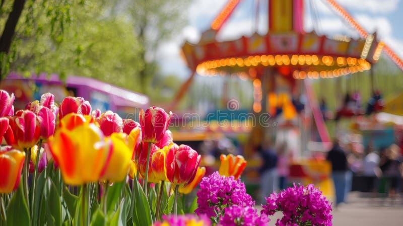 Colorful tulips and vibrant carousel in springtime fairground scene stock illustration