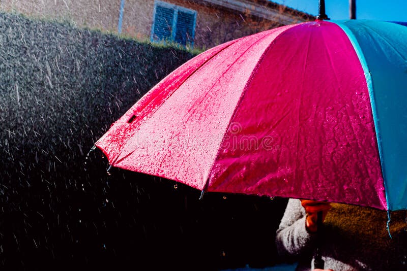 Colorful Umbrella Wet by Heavy Rain Stock Photo Image of blurred
