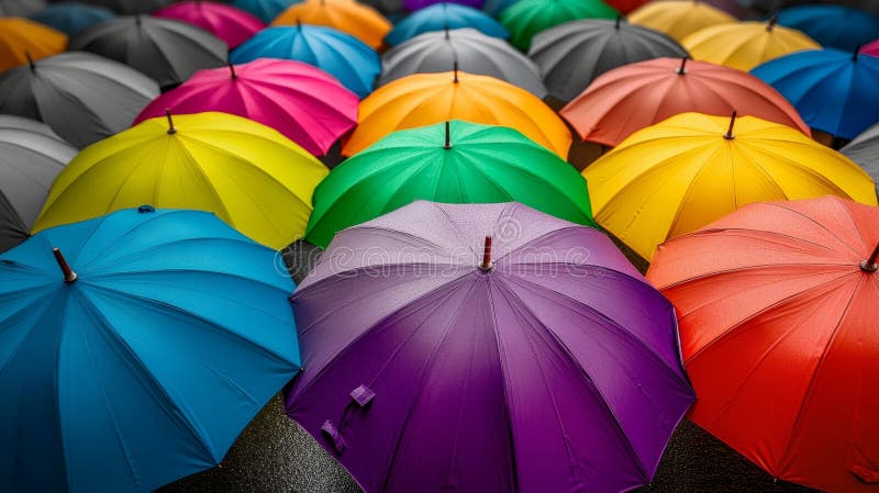 Colorful Umbrellas Crowd Together Under Storm Clouds Offering Splash Cheer Color Contrast, Generated by AI