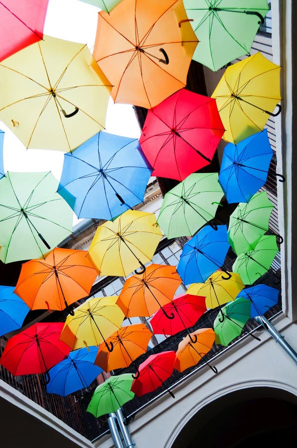 Colorful umbrellas hanging over the alley. Kosice, Slovakia