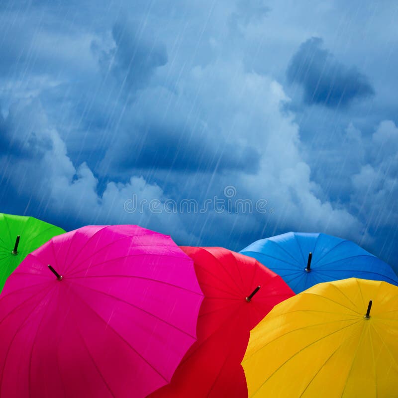 Colorful Umbrellas Over Cloudy Sky. Stock Photo Image of concept