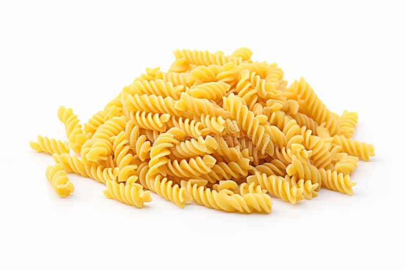Colorful uncooked pasta spirals arranged on a clean white background for culinary presentation royalty free stock photos
