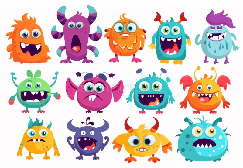 Colorful, unique cartoon monsters with various expressions vector illustration