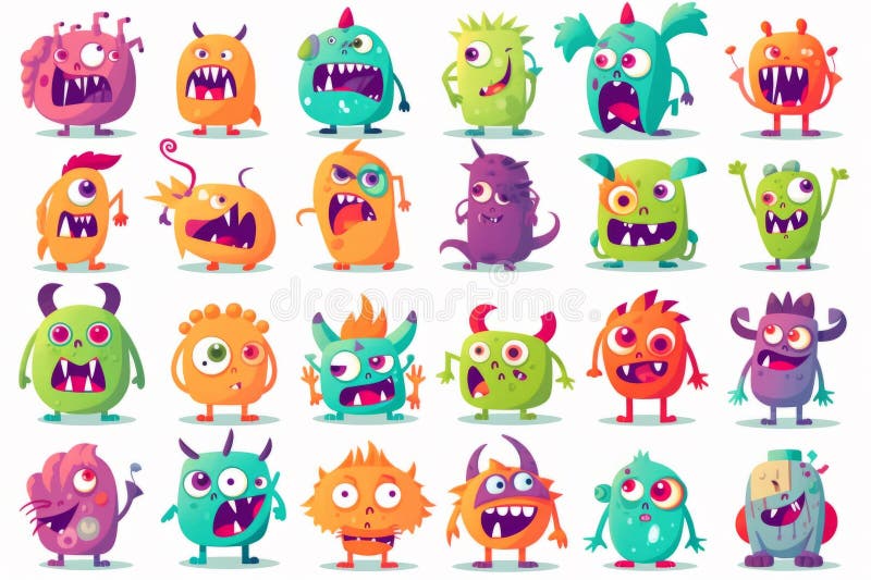 Colorful, unique cartoon monsters with various expressions stock illustration