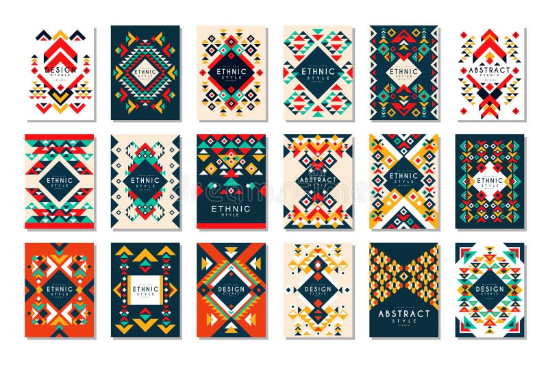 Colorful vector set of 9 card templates with geometric shapes. Abstract ethnic pattern. Elements for brochure, flyer or stock illustration