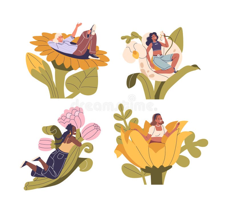 Colorful Vector Set Featuring Happy Girls Relaxing In Large, Whimsical Flowers. Cartoon Image Captures A Joyful Mood royalty free illustration