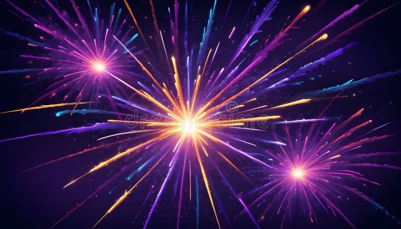 O imagine abstractă colorată și vibrantă, cu trei focuri de artificii care explodează pe un cer întunecat. articolele de artificii stock illustration