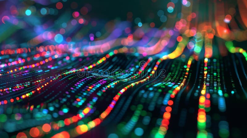 Colorful and vibrant digital bokeh effect over an abstract visualization of streaming data and network activity, royalty free illustration.