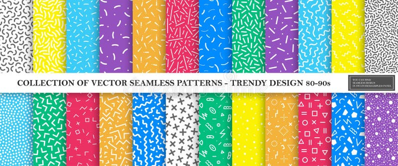 Colorful vibrant vector collection of memphis seamless patterns. Fashion design 80-90s. Bright stylish textures.