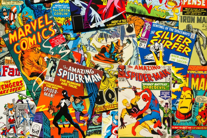 Colorful vintage comic magazine covers top view flat lay composition