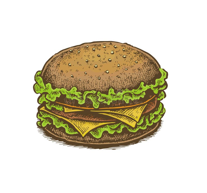 Colorful Vintage Style Hand Drawn Cheeseburger. Stock Vector