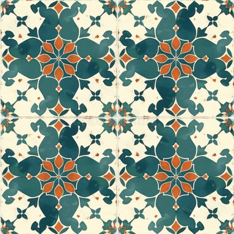 Colorful Vintage Tile Pattern in Blue and Orange Floral Design royalty free stock image