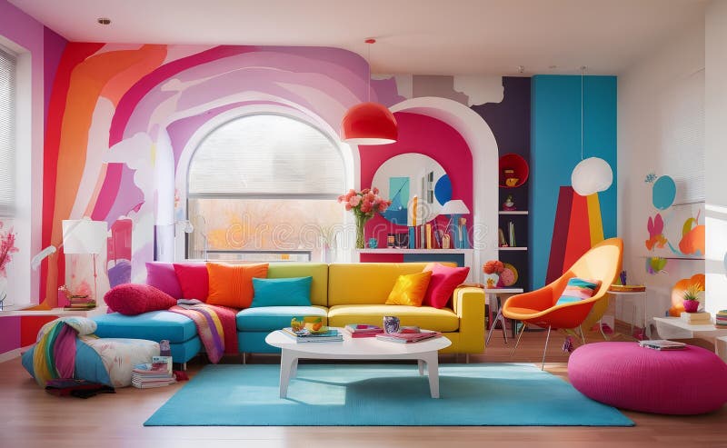 A colorful vivid modern living room creative design stock illustration