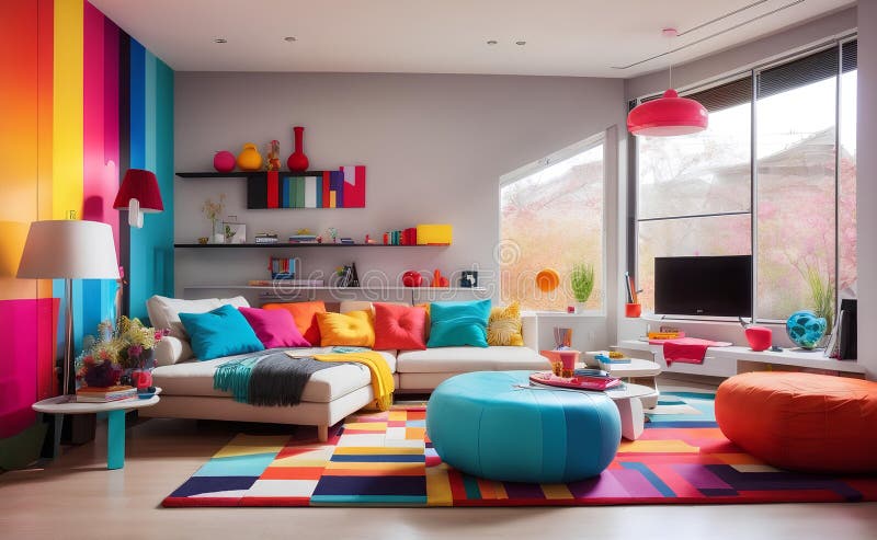 A colorful vivid modern living room creative design stock illustration