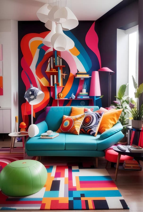 A colorful vivid modern living room creative design vector illustration