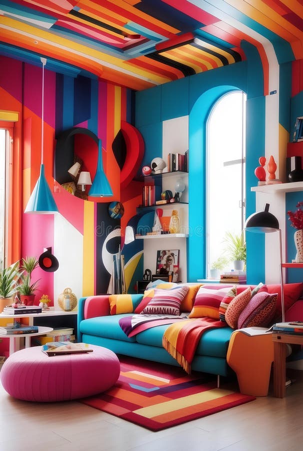 A colorful vivid modern living room creative design stock illustration