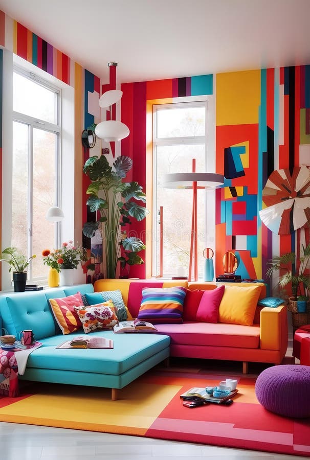 A colorful vivid modern living room creative design vector illustration