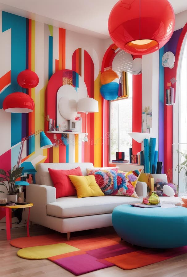 A colorful vivid modern living room creative design stock illustration
