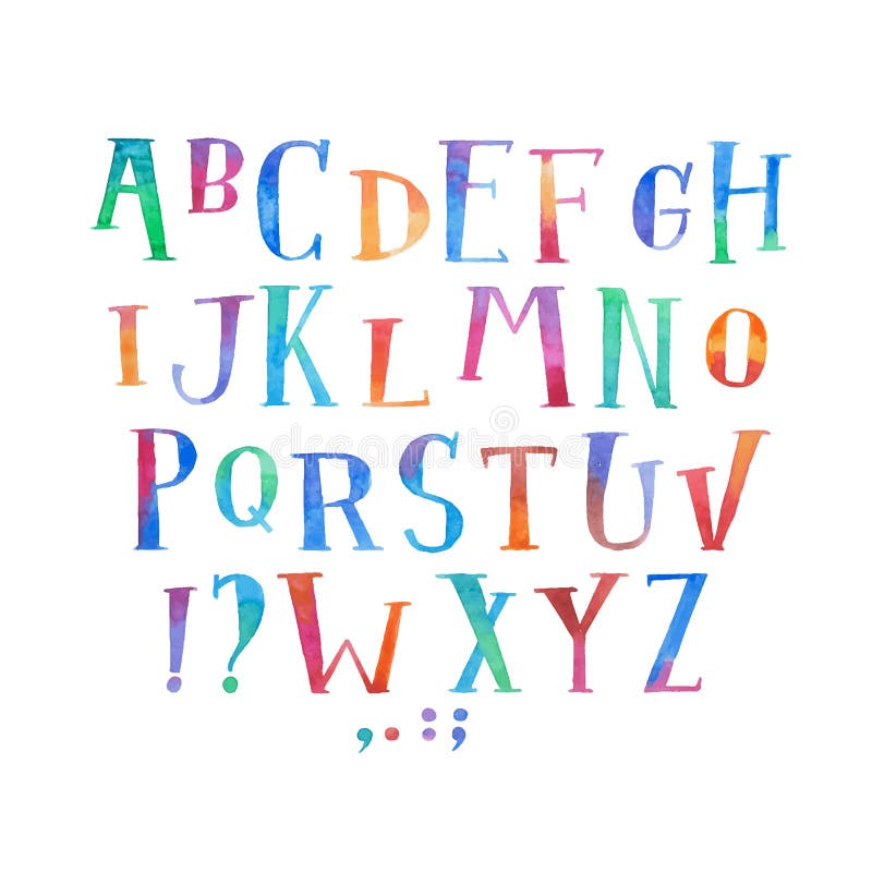 Colorful watercolor aquarelle font type handwritten hand draw abc alphabet letters royalty free illustration Colorful watercolor aquarelle font type handwritten hand draw abc alphabet letters royalty free illustration