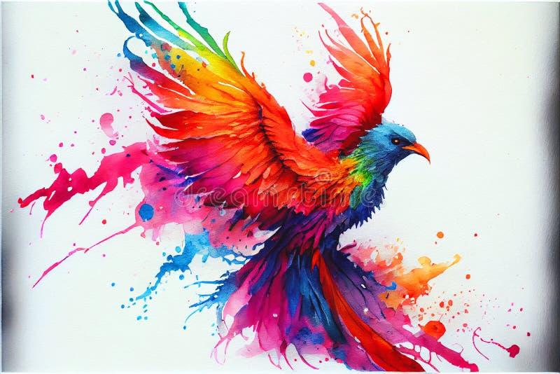 Colorful rainbow fiery phoenix bird watercolor painting