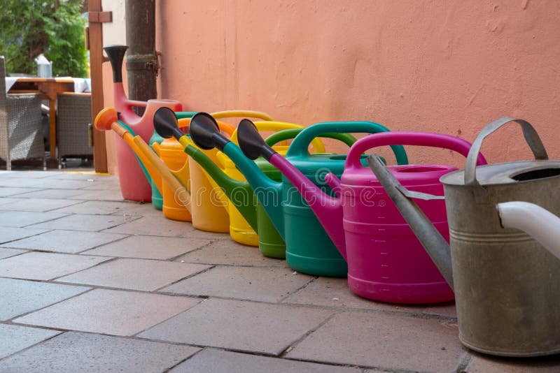 Colorful Watering Cans and Buckets for Plants at Flower Stock Photo