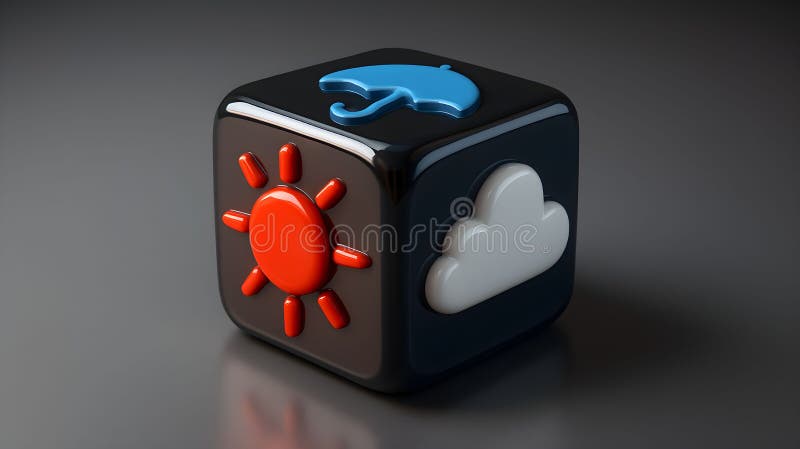 Colorful weather cube showing sun, cloud, and umbrella symbols on a reflective surface in a modern setting stock illustration