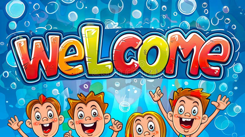 Vibrant welcome sign with joyful cartoon children and bubbles, ideal for events AI generated. Vibrant welcome sign with joyful cartoon children and bubbles, ideal for events AI generated