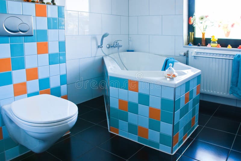 Modern Bathroom in Orange Color Stock Photo - Image of door, indoors ...