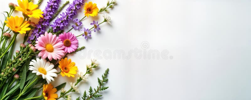 Colorful wild flowers arranged on white background. Bright colors, beautiful composition. Ideal for floral design projects. Fresh vector illustration