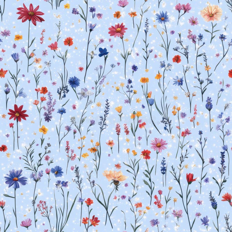 Colorful Wildflowers on Light Blue Background with Delicate Patterns. stock photos
