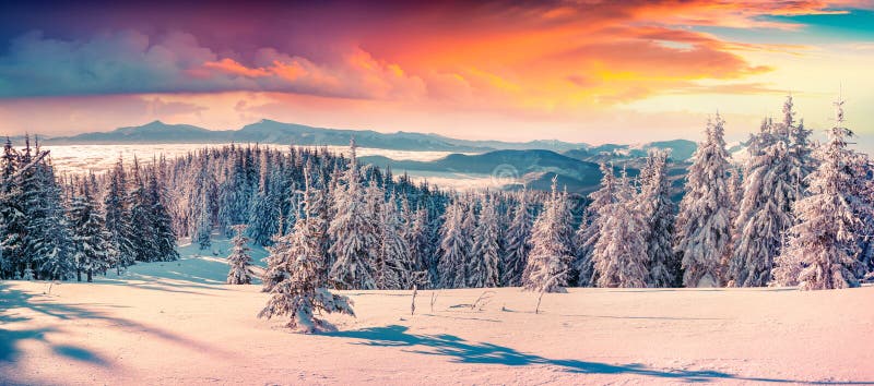 Colorful winter sunrise in the snowy mountains.