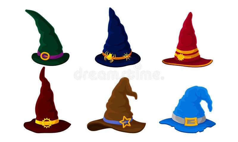 Colorful Witch and Wizards Hats with Belt. Halloween Costume. Set of ...