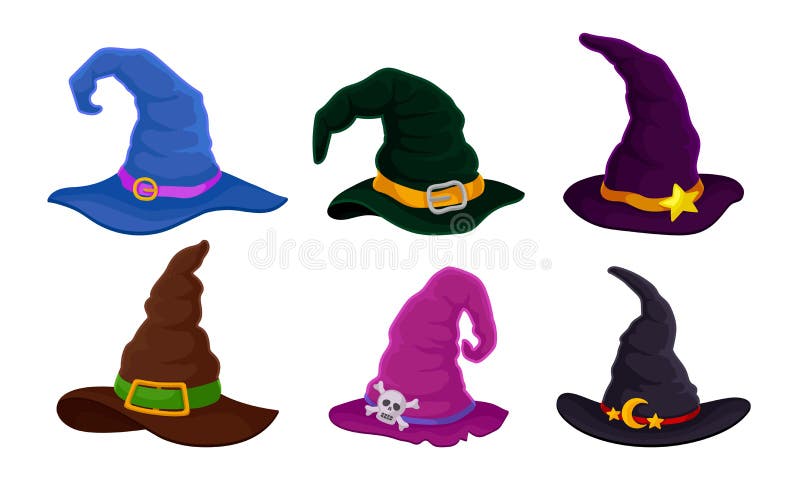 Colorful Witch and Wizards Hat with Belt and Pointed Cap Set Stock ...