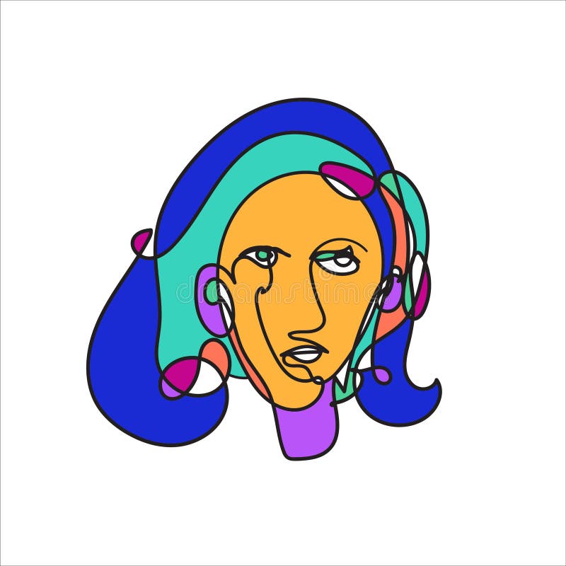 Colorful Woman Portrait Continuous Line Art Drawing in Psychedelic ...