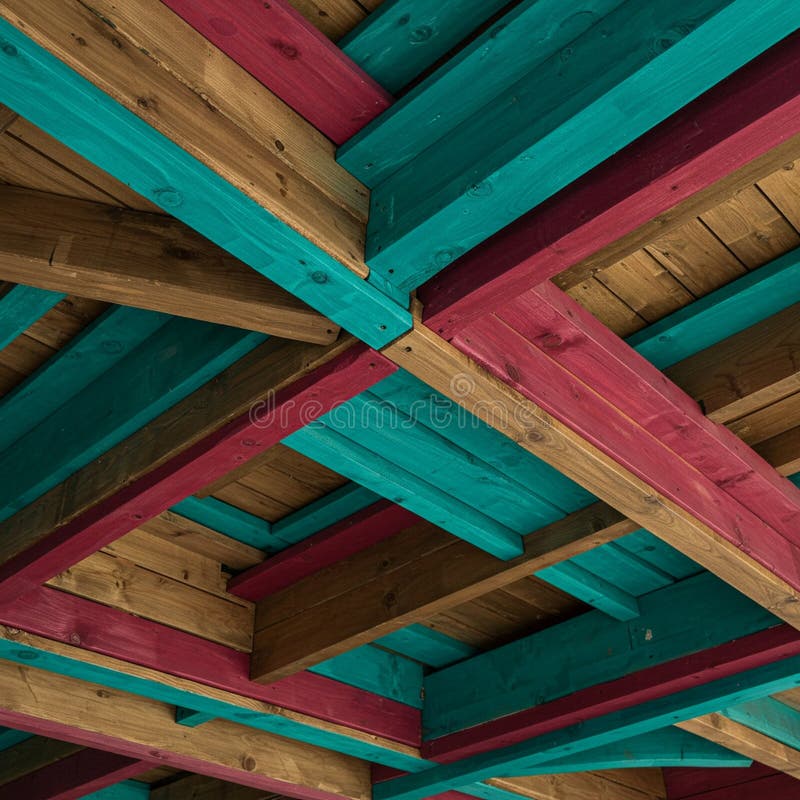 Colorful wooden beams interlock in a geometric pattern on a ceiling. vector illustration