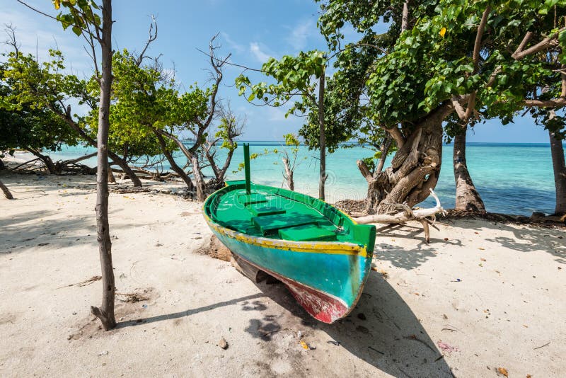 Colorful wooden boat on the coast of the Gulhi island, Maldives