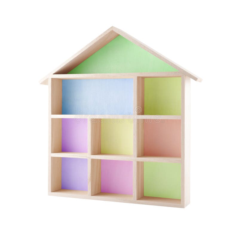 Colorful wooden house shaped shelf royalty free stock photos