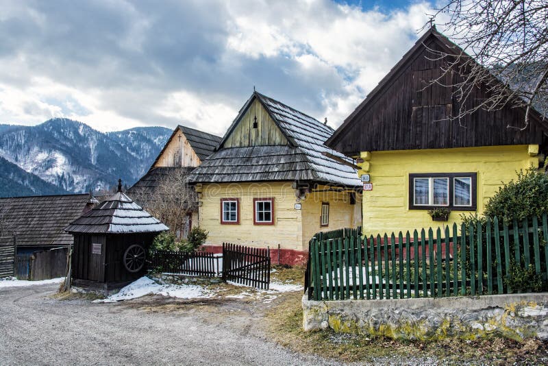 Colorful wooden houses in Vlkolinec village, Slovakia, Unesco