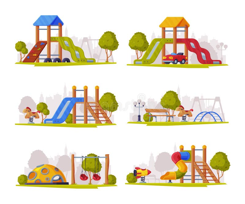 Colorful Wooden Slide With Tube And Ladder On Playground Vector