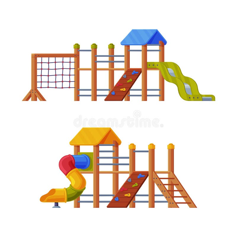 Colorful Wooden Slide With Tube And Ladder On Playground Vector