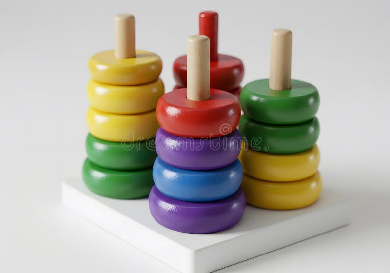 Colorful wooden stacking toys primary colors on white surface royalty free illustration