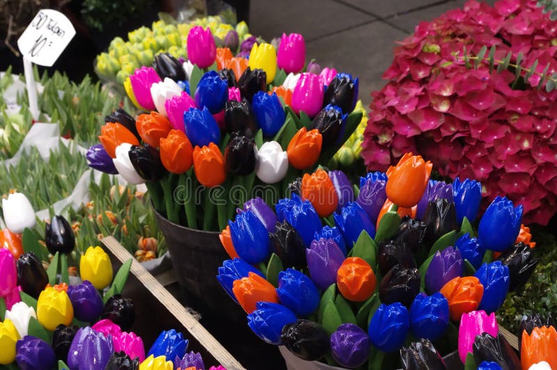 Colorful Wooden tulips Singel Bloemenmarkt Holland royalty free stock photos